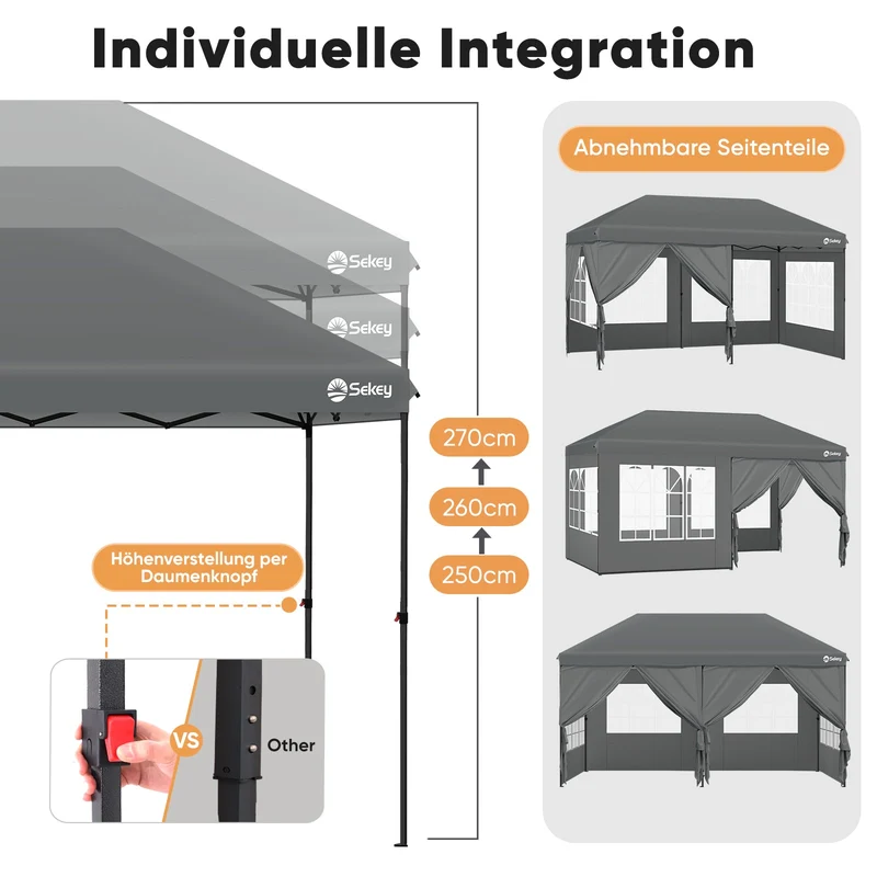 Sekey Faltpavillon 3x6m mit 6 Seitenteilen, One-Touch-System, UV50+ & wasserdicht, Höhenverstellbar (250–270cm), inkl. Sandsäcke & Tragetasche