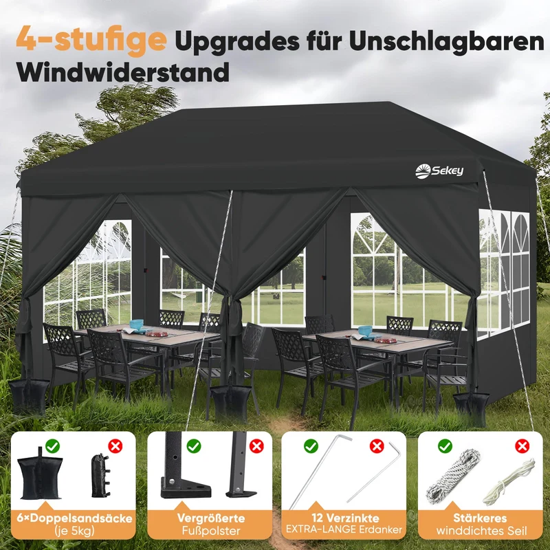 Sekey Faltpavillon 3x6m mit 6 Seitenteilen, One-Touch-System, UV50+ & wasserdicht, Höhenverstellbar (250–270cm), inkl. Sandsäcke & Tragetasche