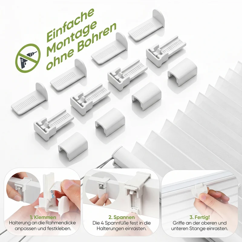 Salcar Plissee ohne Bohren Weiß – Klemmfix Faltrollo lichtdurchlässig & blickdicht, stufenlos verstellbar mit Aluminium-Schienen für Fenster & Türen
