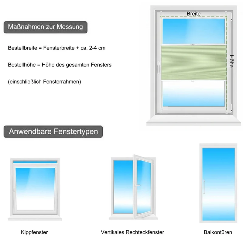Sekey Plissee ohne Bohren Grün – Klemmfix Faltrollo blickdicht, Lichtschutz Plissee für Fenster & Tür mit Klemmträger