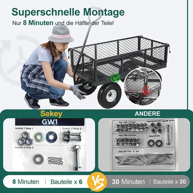 Sekey 100L / 300KG Gartenwagen mit abnehmbaren Seitenteilen und Gummiluftreifen