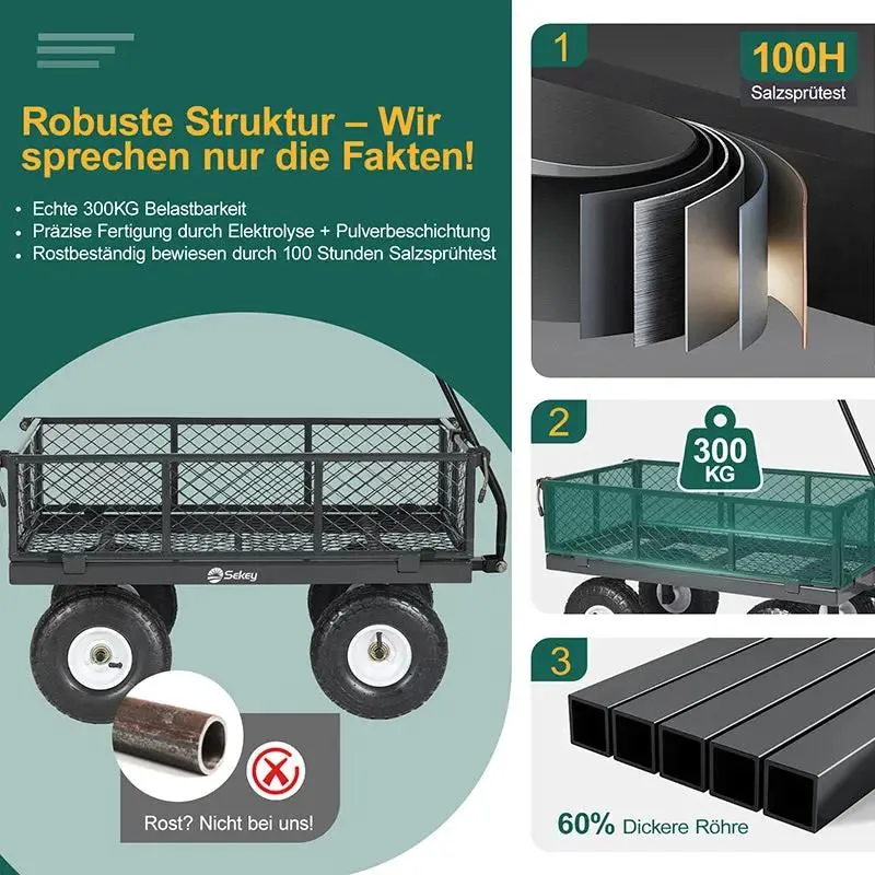 Sekey 100L / 300KG Gartenwagen mit abnehmbaren Seitenteilen und Gummiluftreifen