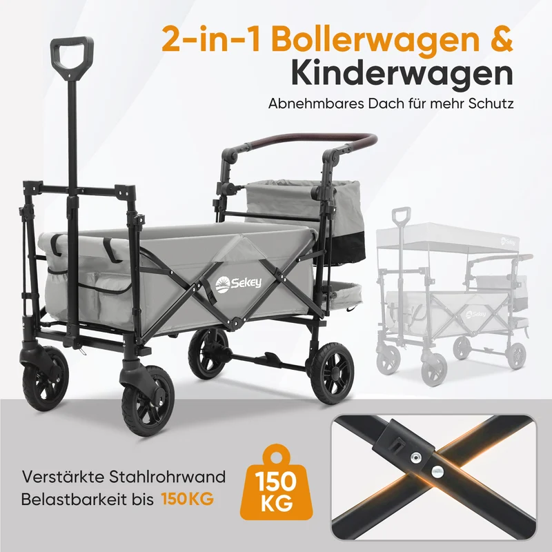 Sekey 150KG Faltbarer Bollerwagenmit Dach, Bollerwagen Kinder Handwagen, 5050