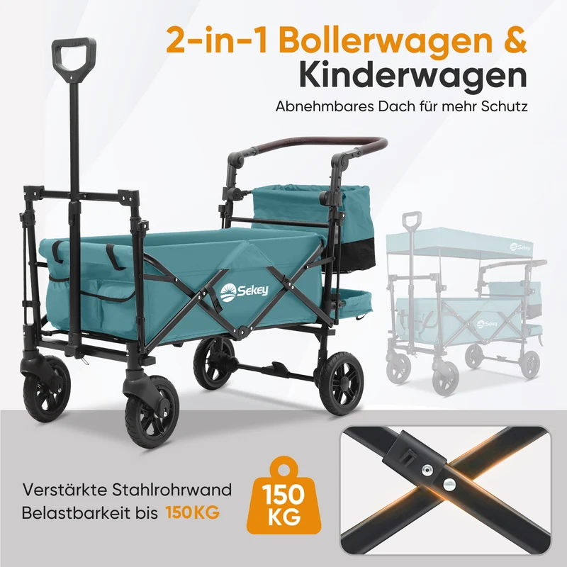 Sekey 150KG Faltbarer Bollerwagenmit Dach, Bollerwagen Kinder Handwagen, 5050