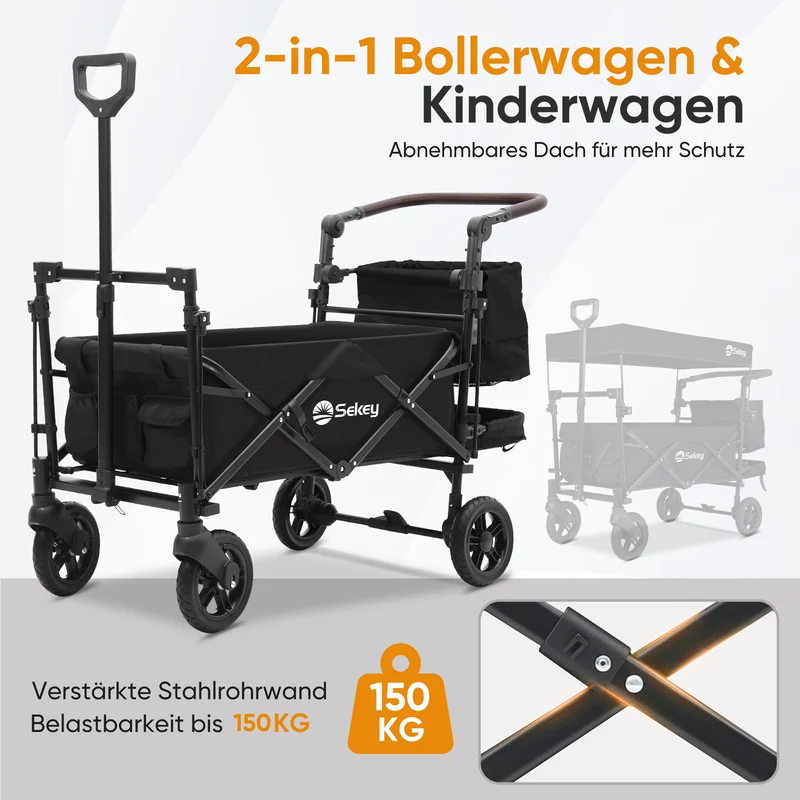 Sekey 150KG Faltbarer Bollerwagenmit Dach, Bollerwagen Kinder Handwagen, 5050