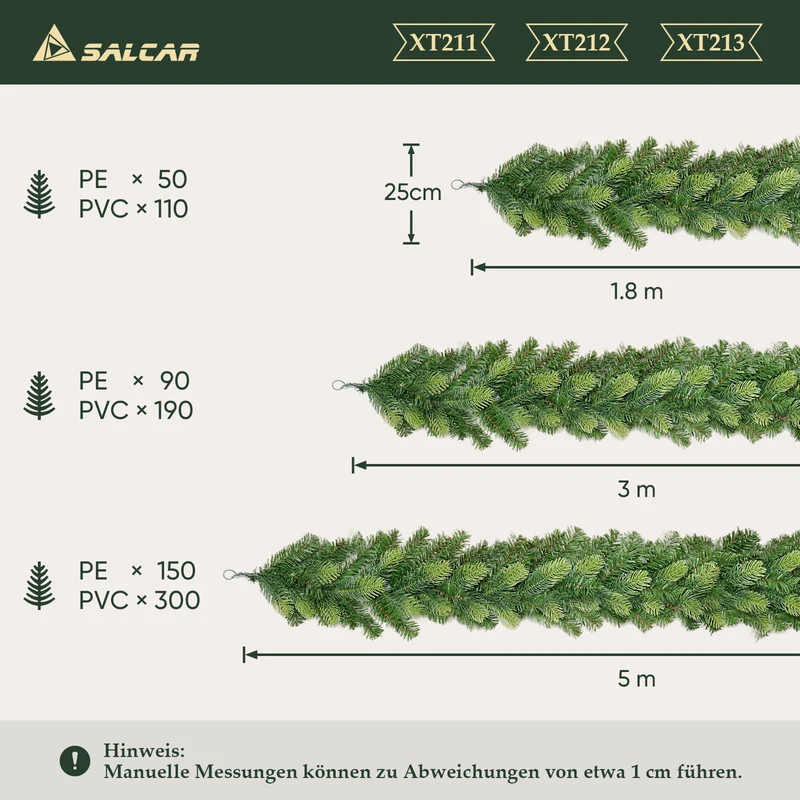 Salcar Künstliche Weihnachtsgirlande aus PE & PVC, 1.8m/3m/5m – Realistische, Biegsame & Wiederverwendbare Tannengirlande für Tür, Fenster, Balkon & Treppengeländer