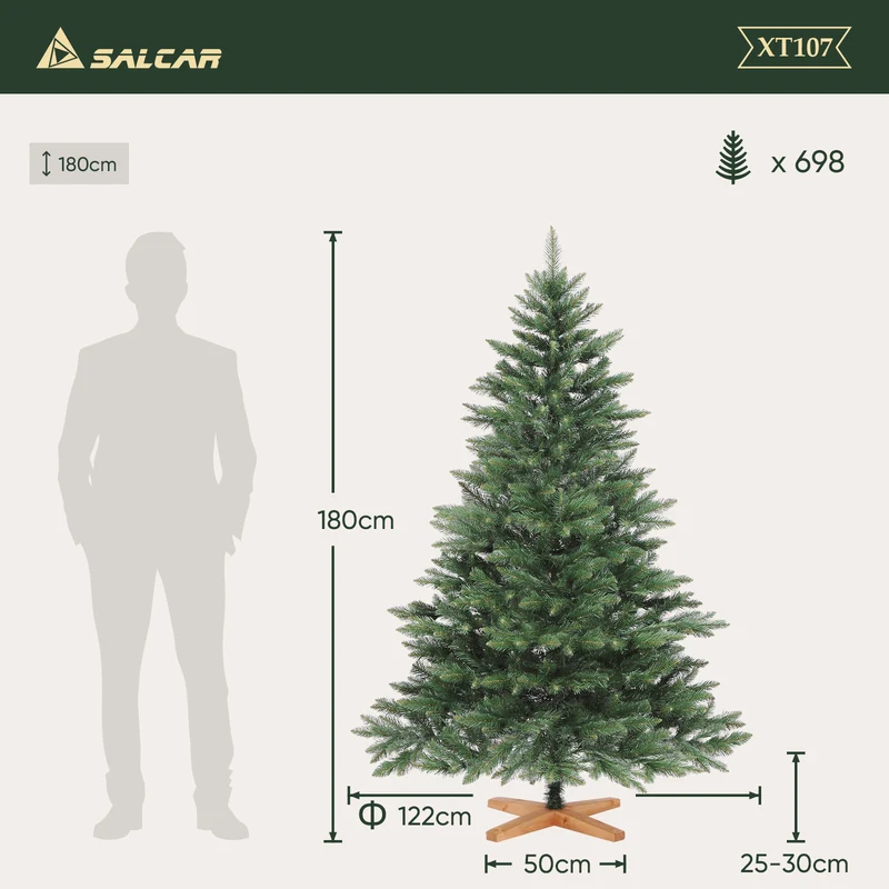 Salcar Künstlicher Weihnachtsbaum mit Holzständer, 150/180/210 cm, Realistischer PVC Christbaum, Pflegeleicht & Hochwertige Weihnachtsdekoration für Innenräume