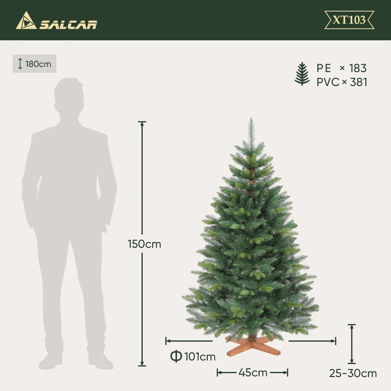 Salcar Künstlicher Weihnachtsbaum mit Holzständer, Premium PE+PVC Tannenbaum, Realistische & Dichte Optik, Einfacher Aufbau für Innenräume