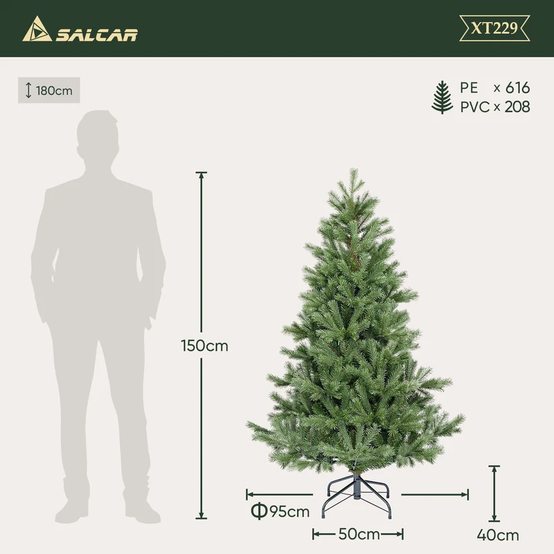 Salcar Künstlicher Weihnachtsbaum 150/180/210 cm aus 90 % PE Spritzguss, Premium Nordmanntanne, realistischer Christbaum mit stabilem Metallständer & Schnellaufbau-Klappsystem