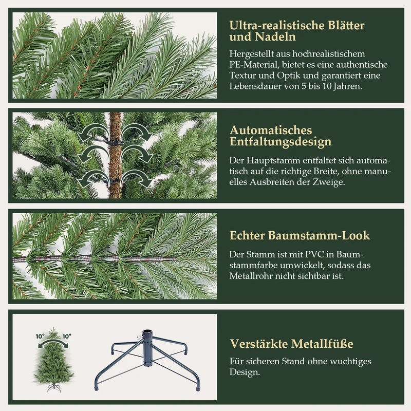 Salcar Künstlicher Weihnachtsbaum 150/180/210 cm aus 90 % PE Spritzguss, Premium Nordmanntanne, realistischer Christbaum mit stabilem Metallständer & Schnellaufbau-Klappsystem