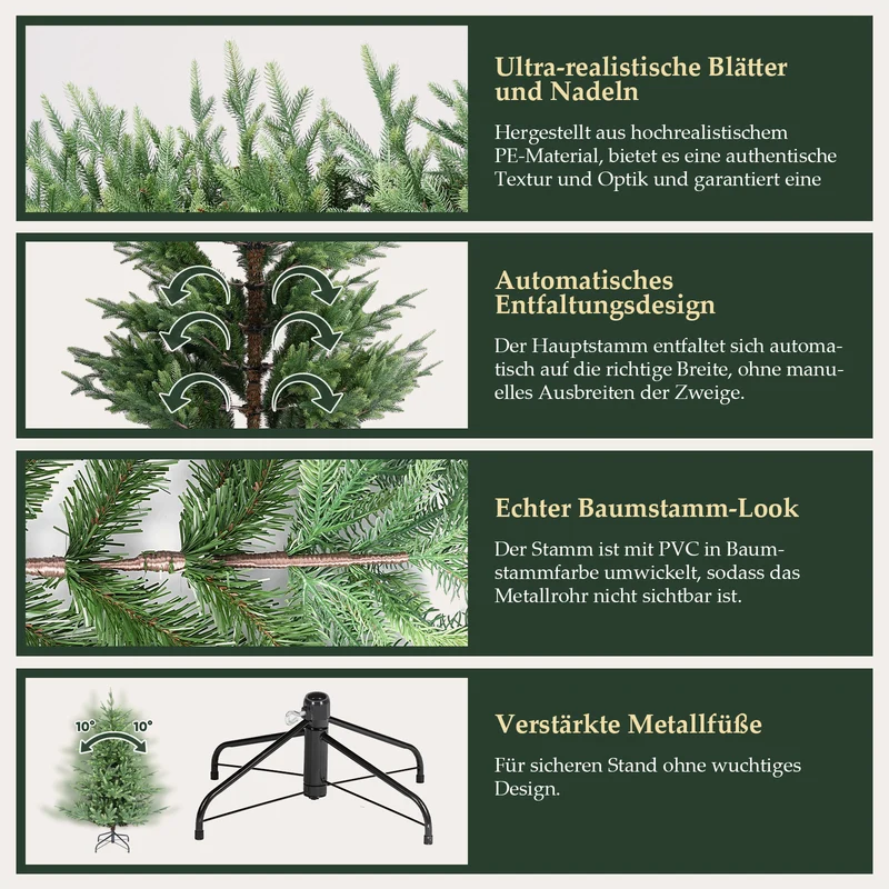 Salcar Künstlicher Weihnachtsbaum 150/180/210 cm, 90 % PE Spritzguss Premium Tannenbaum, naturgetreuer Christbaum mit Metallständer & Handschuhen – Dicht, Klappbar & Wiederverwendbar