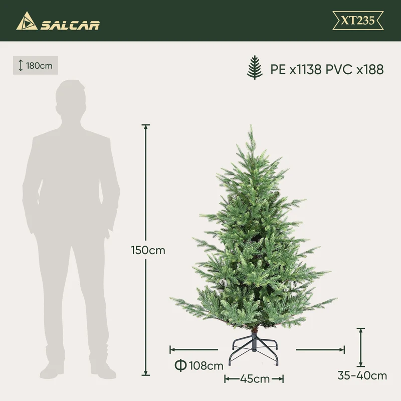 Salcar Künstlicher Weihnachtsbaum 150/180/210 cm, 90 % PE Spritzguss Premium Tannenbaum, naturgetreuer Christbaum mit Metallständer & Handschuhen – Dicht, Klappbar & Wiederverwendbar