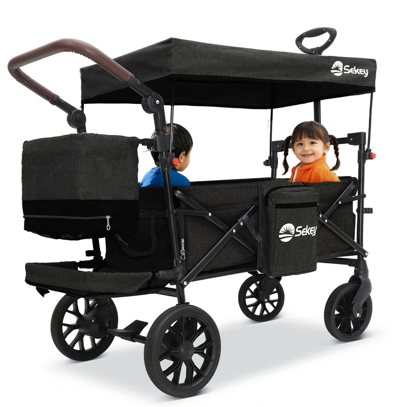 Sekey Bollerwagen Faltbar mit Dach für 1–2 Kinder, XXL PU-Räder mit Federung & Kugellager, Gepolstert & Komfortabel, Schiebe- und Ziehgriff, SS8080
