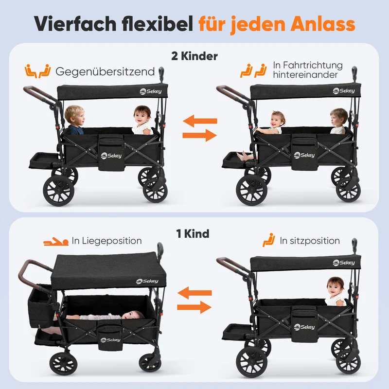 Sekey Bollerwagen Faltbar mit Dach für 1–2 Kinder, XXL PU-Räder mit Federung & Kugellager, Gepolstert & Komfortabel, Schiebe- und Ziehgriff, SS8080