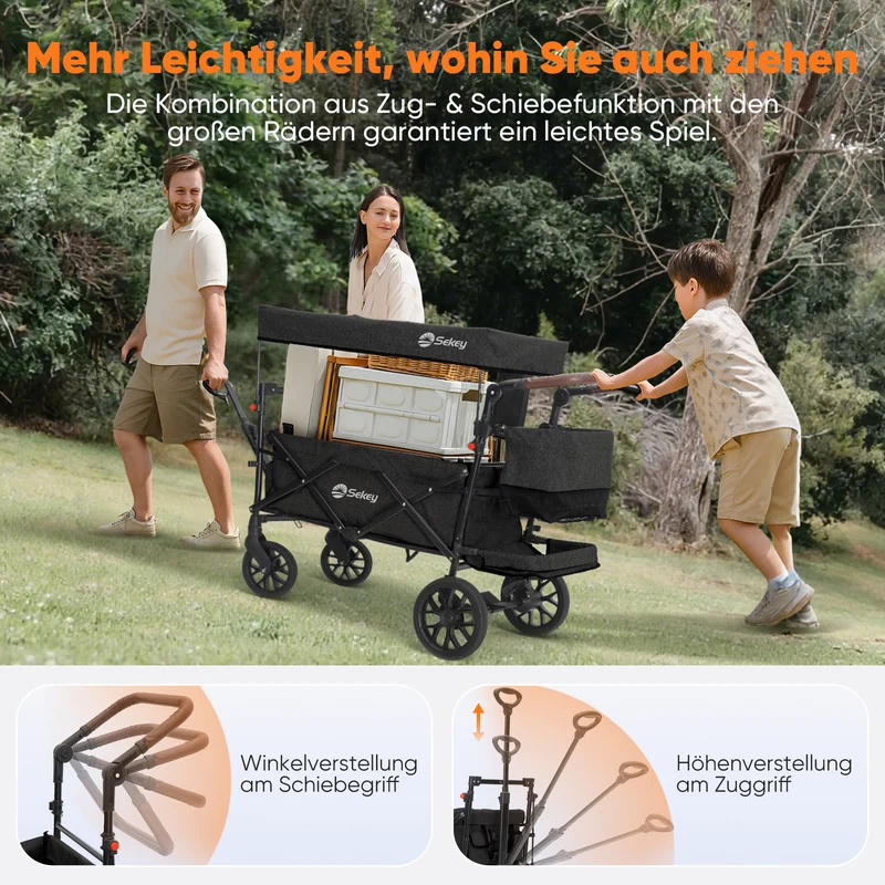 Sekey Bollerwagen Faltbar mit Dach für 1–2 Kinder, XXL PU-Räder mit Federung & Kugellager, Gepolstert & Komfortabel, Schiebe- und Ziehgriff, SS8080
