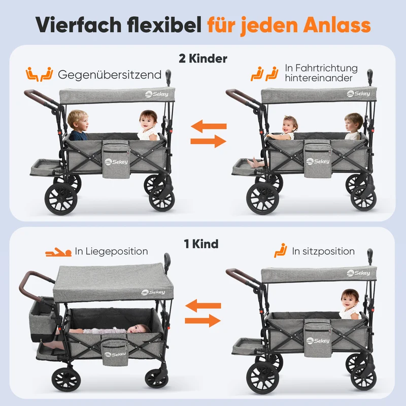 Sekey Bollerwagen Faltbar mit Dach für 1–2 Kinder, XXL PU-Räder mit Federung & Kugellager, Gepolstert & Komfortabel, Schiebe- und Ziehgriff, SS8080
