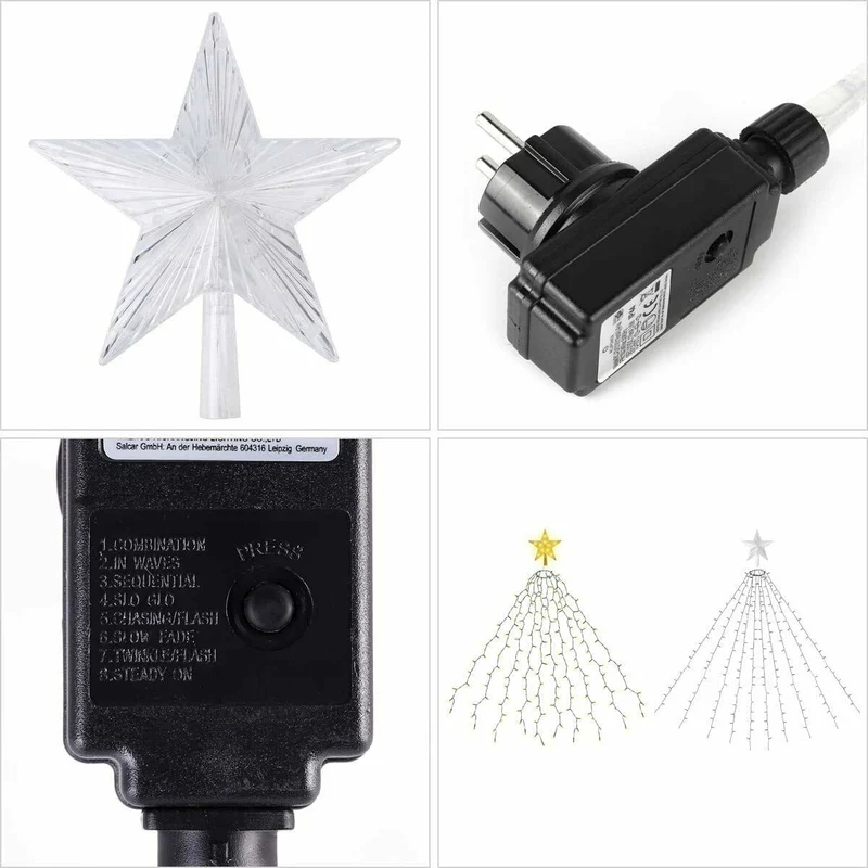 Salcar 3m LED Weihnachtsbaum-Lichterkette mit 10 Girlanden, Sternspitze & 360 LEDs – 8 Modi, Warmweiß, Sicher & Energiesparend