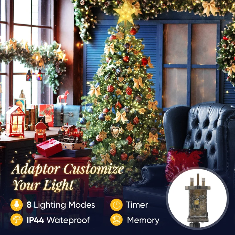 Salcar 3m LED Weihnachtsbaum-Lichterkette mit 10 Girlanden, Sternspitze & 360 LEDs – 8 Modi, Warmweiß, Sicher & Energiesparend