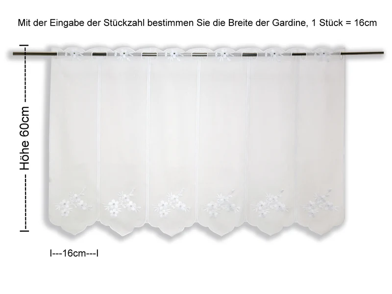 Scheibengardine Blume bestickt weiß Höhe 30/45/60/90cm nach Maß