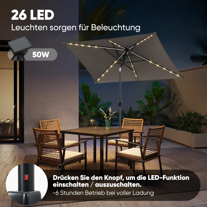Sekey Sonnenschirm 210 x 140 cm Aluminum Sonnenschirm Rechteckig, mit Kurbel