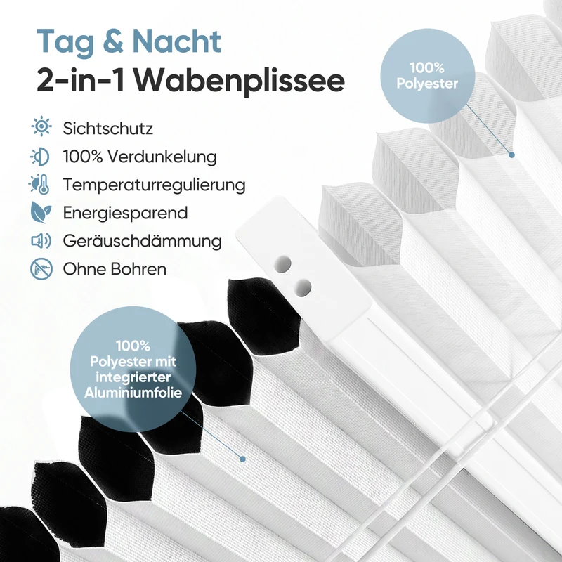 Sekey Wabenplissee Day & Night – Verdunkelung ohne Bohren, verspannt, Lichtschutz & Energiesparend