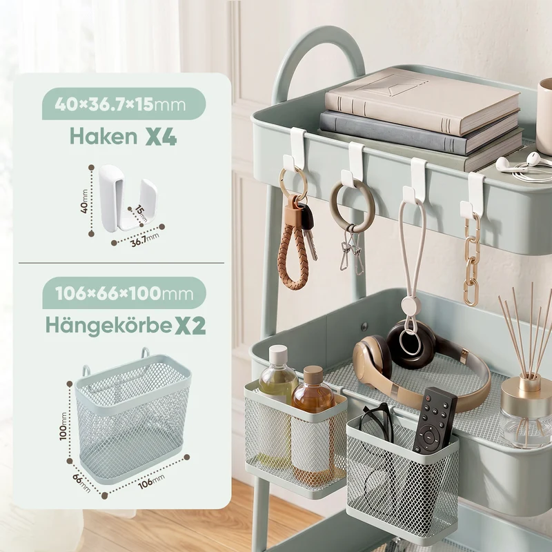 Sekey Rollwagen Küche 30 cm – Schmaler Servierwagen aus Metall mit Rollen, 3 Ablagen, 2 Metallkörben & 4 Haken