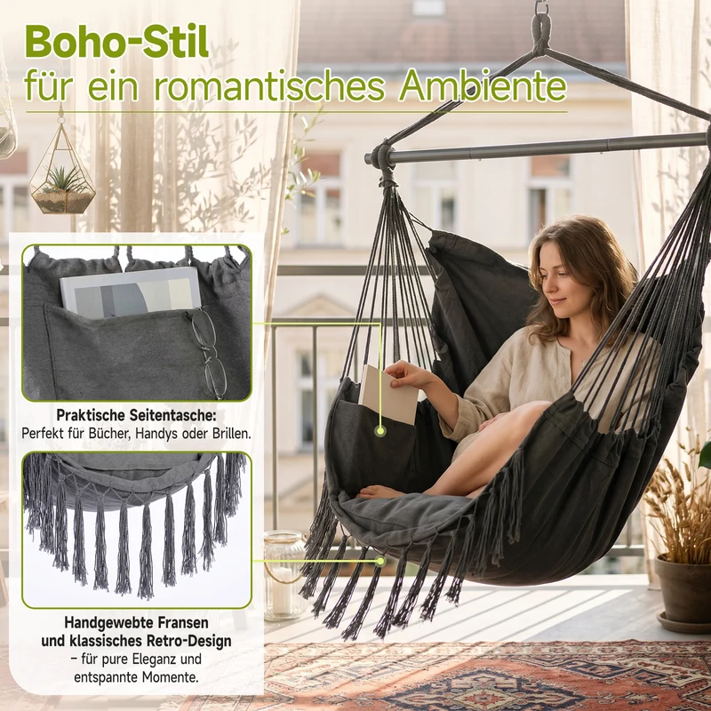 Sekey Hängesessel mit 2 Kissen & Seitentasche – Boho Hängestuhl für Balkon, Garten & Indoor – Anthrazit