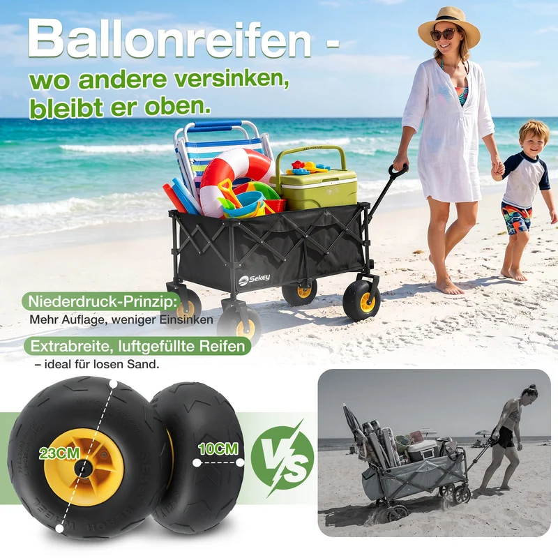 Sekey Bollerwagen faltbar mit Luftreifen 23×10 cm – Strand Bollerwagen klappbar bis 200 kg, 200L Transportwagen für Strand, Camping & Familie, 4032