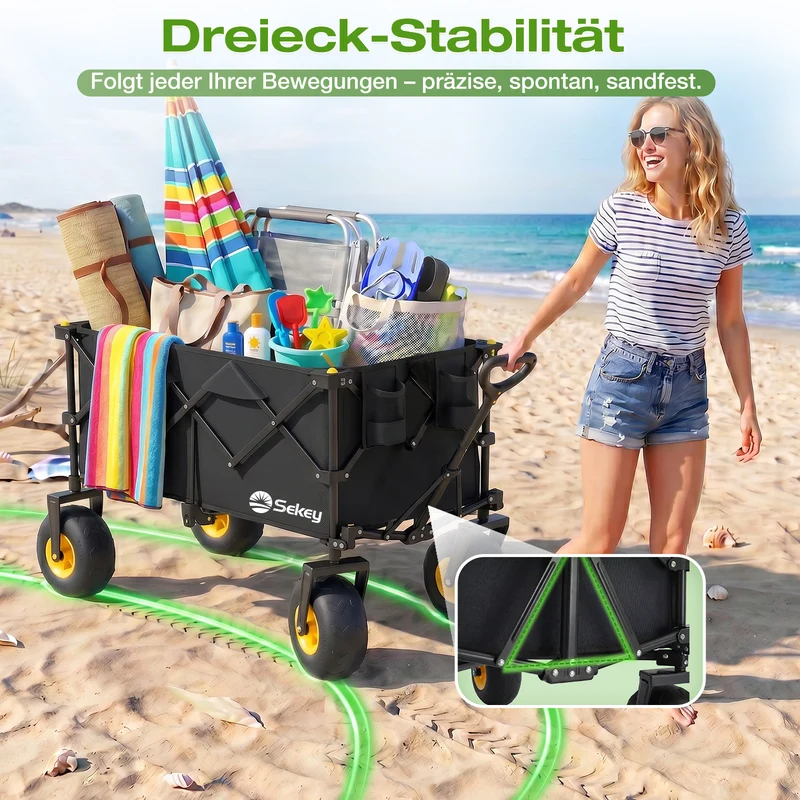 Sekey Bollerwagen faltbar mit Luftreifen 23×10 cm – Strand Bollerwagen klappbar bis 200 kg, 200L Transportwagen für Strand, Camping & Familie, 4032