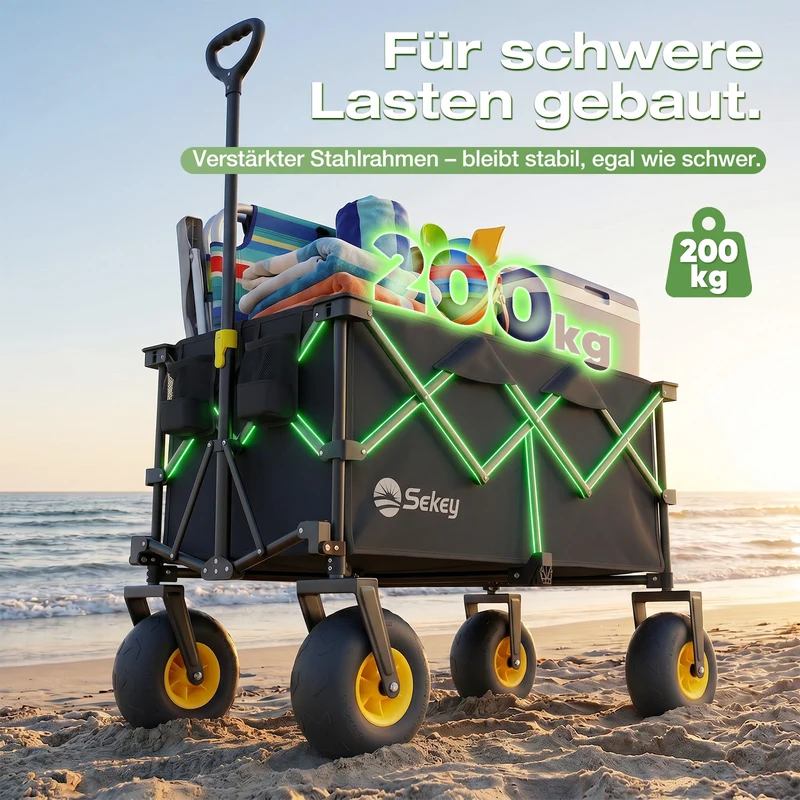 Sekey Bollerwagen faltbar mit Luftreifen 23×10 cm – Strand Bollerwagen klappbar bis 200 kg, 200L Transportwagen für Strand, Camping & Familie, 4032