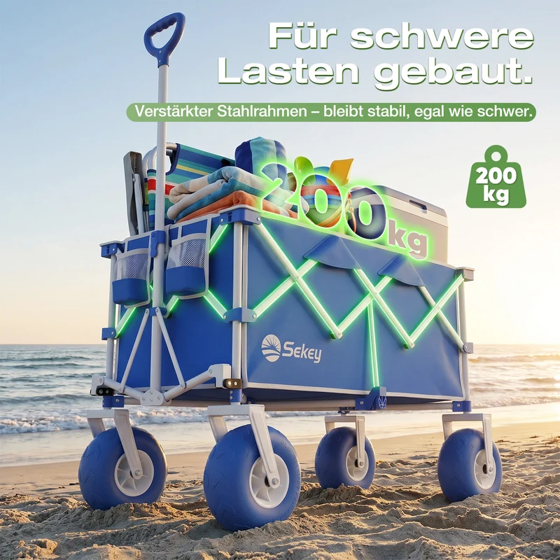 Sekey Bollerwagen faltbar mit Luftreifen 23×10 cm – Strand Bollerwagen klappbar bis 200 kg, 200L Transportwagen für Strand, Camping & Familie, 4032