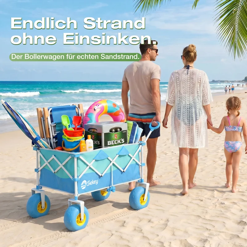 Sekey Bollerwagen faltbar mit Luftreifen 23×10 cm – Strand Bollerwagen klappbar bis 200 kg, 200L Transportwagen für Strand, Camping & Familie, 4032