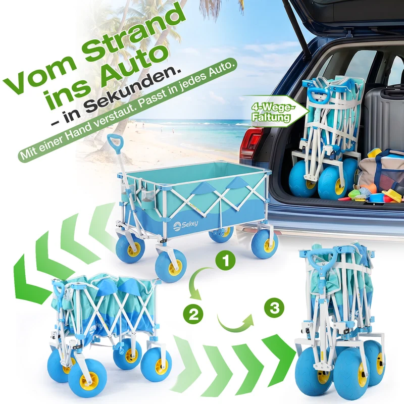Sekey Bollerwagen faltbar mit Luftreifen 23×10 cm – Strand Bollerwagen klappbar bis 200 kg, 200L Transportwagen für Strand, Camping & Familie, 4032