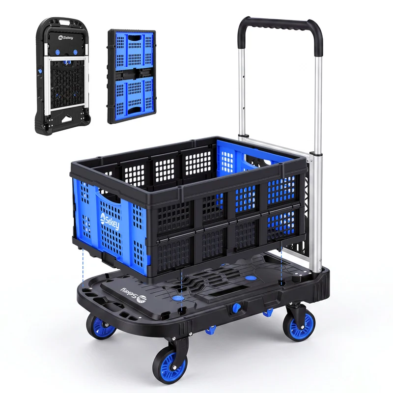 Sekey klappbarer Transportwagen 2-in-1 mit Einkaufskorb – Plattformwagen bis 137 kg, 360° Lenkrollen, 3-fach höhenverstellbarer Griff für Garten, Einkauf & Umzug