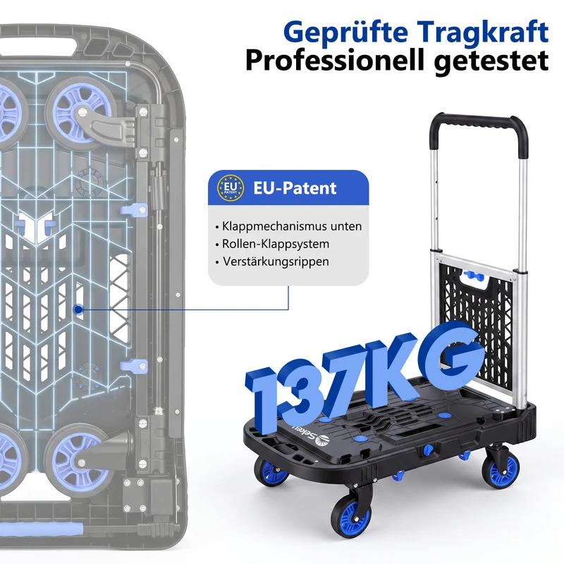 Sekey klappbarer Transportwagen 2-in-1 mit Einkaufskorb – Plattformwagen bis 137 kg, 360° Lenkrollen, 3-fach höhenverstellbarer Griff für Garten, Einkauf & Umzug