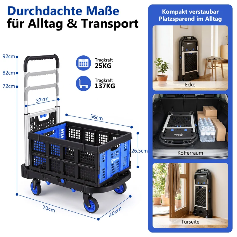 Sekey klappbarer Transportwagen 2-in-1 mit Einkaufskorb – Plattformwagen bis 137 kg, 360° Lenkrollen, 3-fach höhenverstellbarer Griff für Garten, Einkauf & Umzug