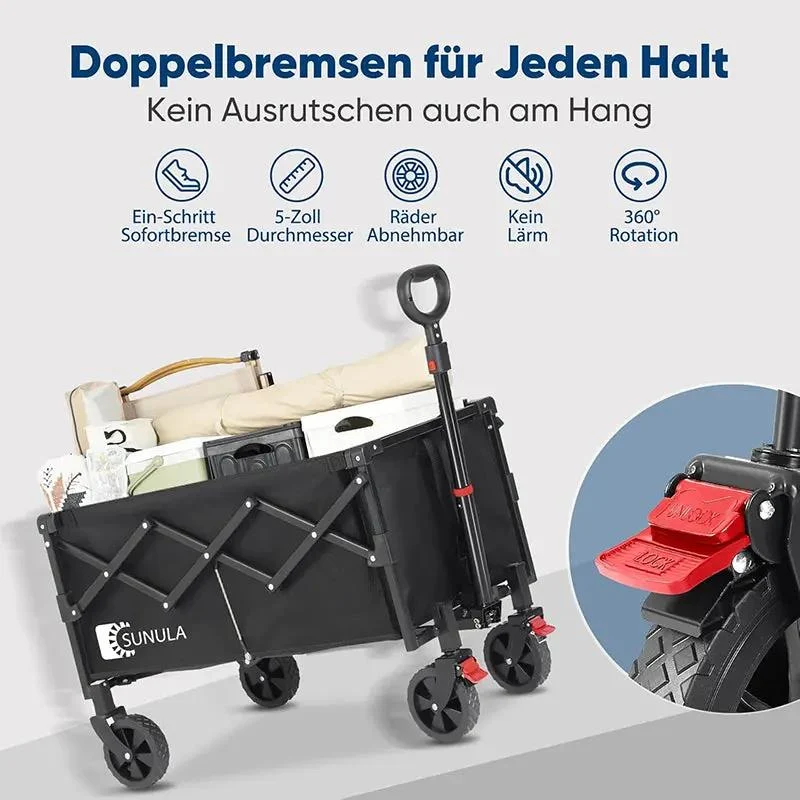 Sunula 80L / 100KG Faltbarer Bollerwagen, mit Bremsen, Halbiertem Eigengewicht