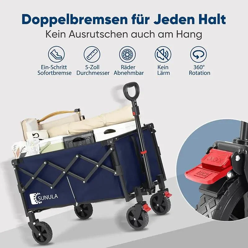 Sunula 80L / 100KG Faltbarer Bollerwagen, mit Bremsen, Halbiertem Eigengewicht