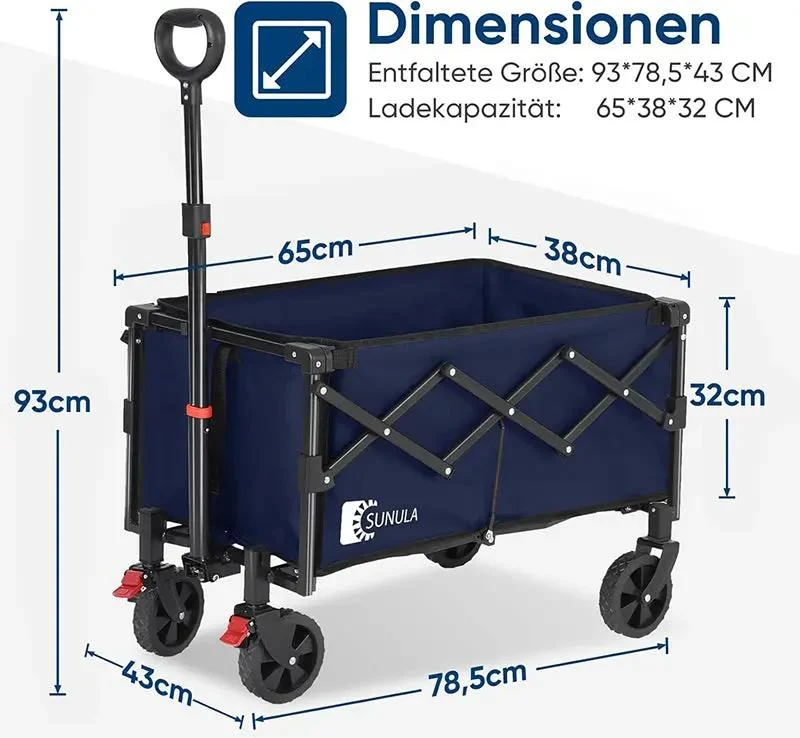 Sunula 80L / 100KG Faltbarer Bollerwagen, mit Bremsen, Halbiertem Eigengewicht