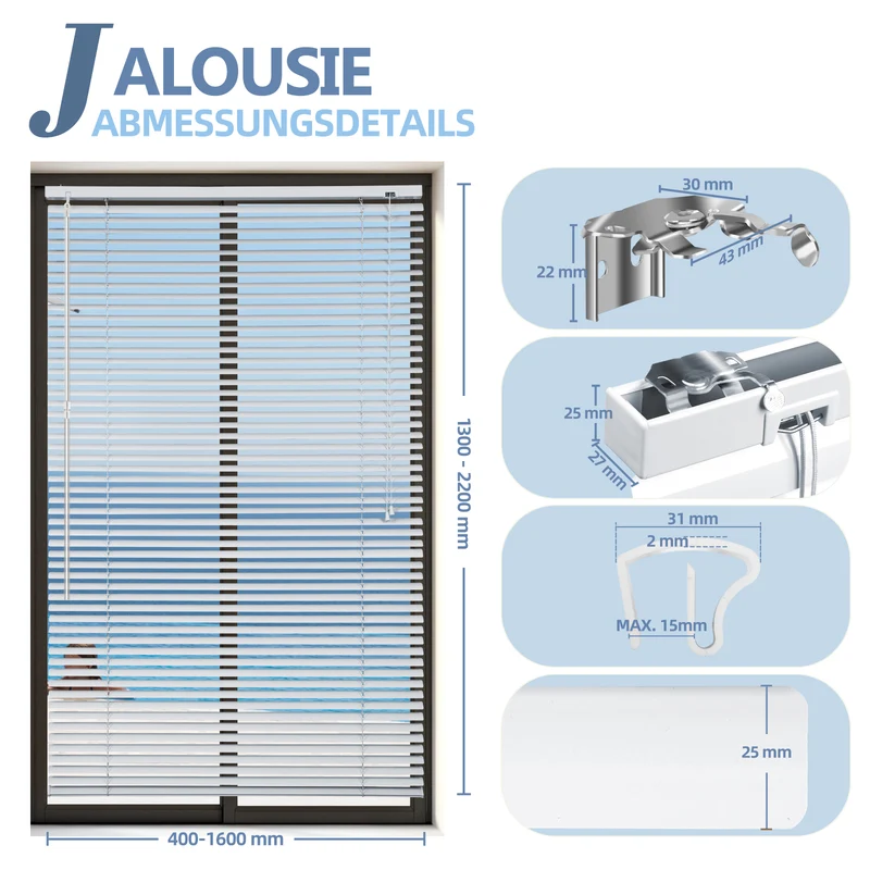 Sekey Aluminium-Jalousie ohne Bohren, 25mm Alu-Lamellen, Silber