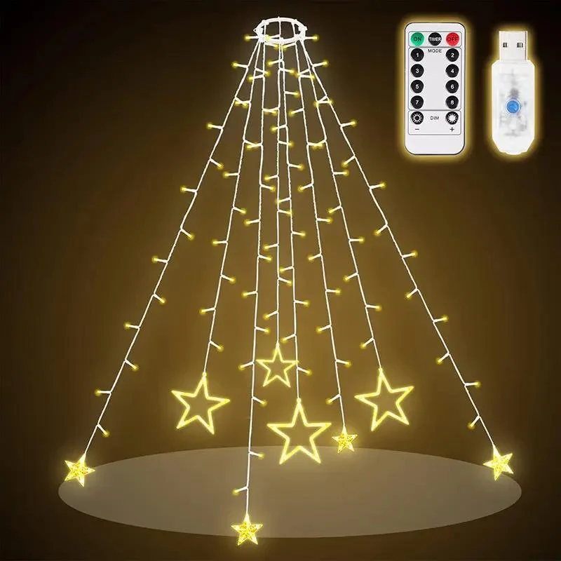 Salcar 2 m LED Lichterkette mit Ring Sterne für Weihnachtsbaum, 188 LEDs, mit Fernbedienung