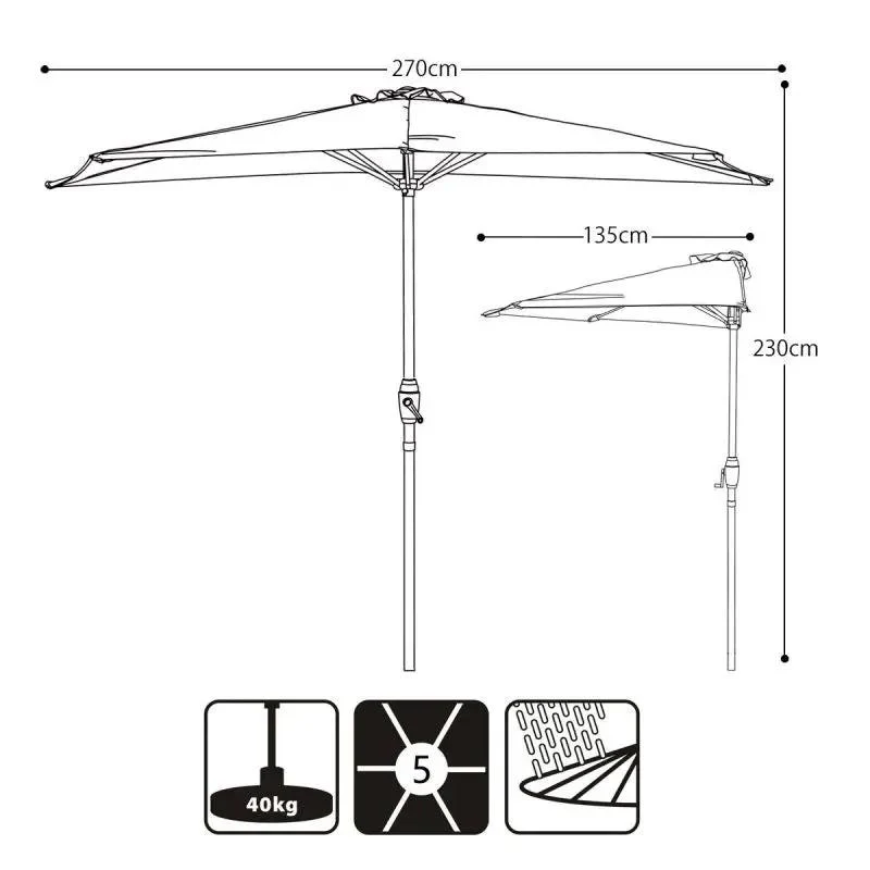 Sekey 270 cm Halbrund Sonnenschirm mit Kurbel, Sonnenschutz UV50+