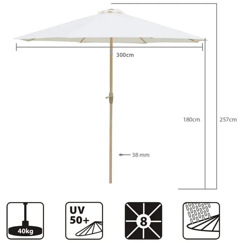 Sekey 300 cm Sonnenschirm mit Kurbel, Sonnenschutz UV50+, aus Holz-Metall