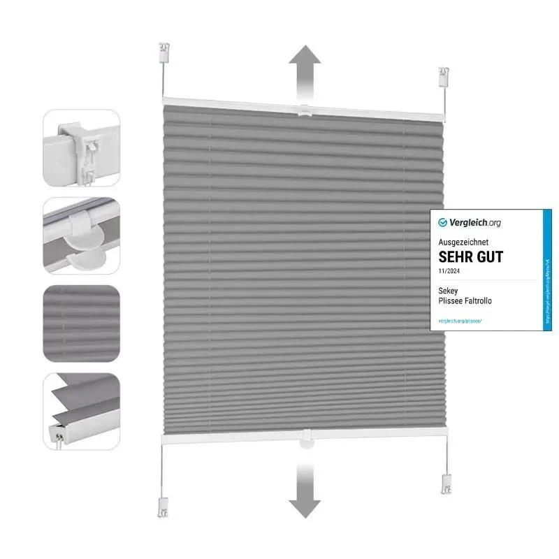 Sekey Plissee Sonnenschutzrollo, Blickdichter Licht- & UV-Schutz ohne Bohren, dunkelgrau