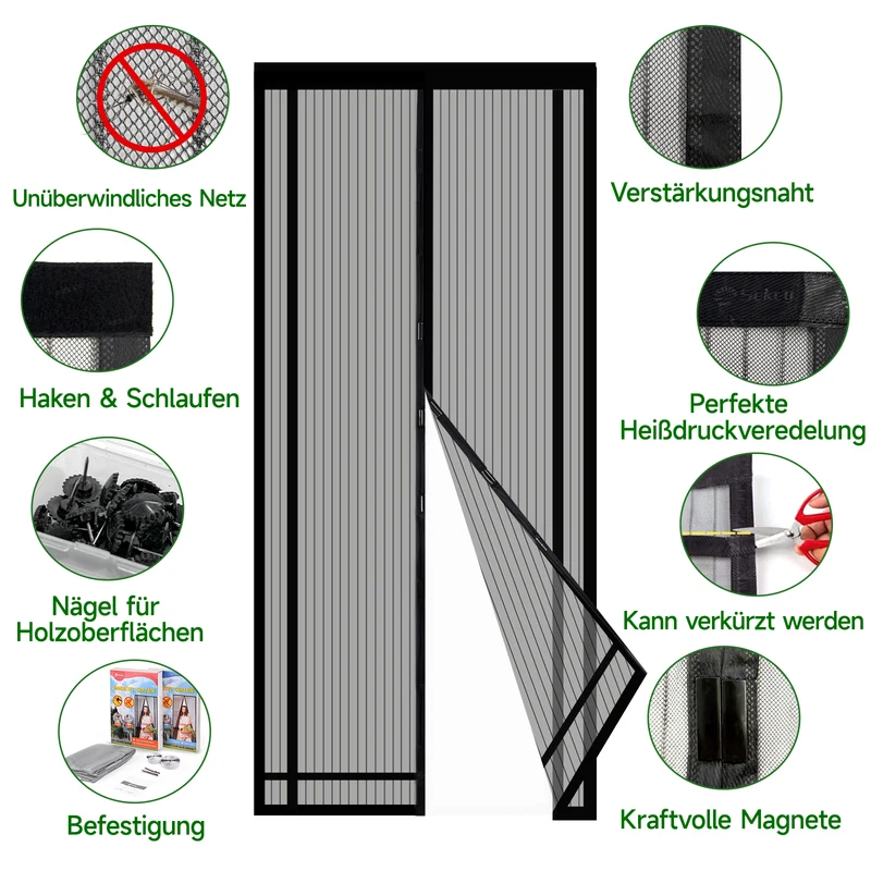 Sekey Zuschneidbar Magnet Fliegengitter Tür aus Polyester, Schwarz