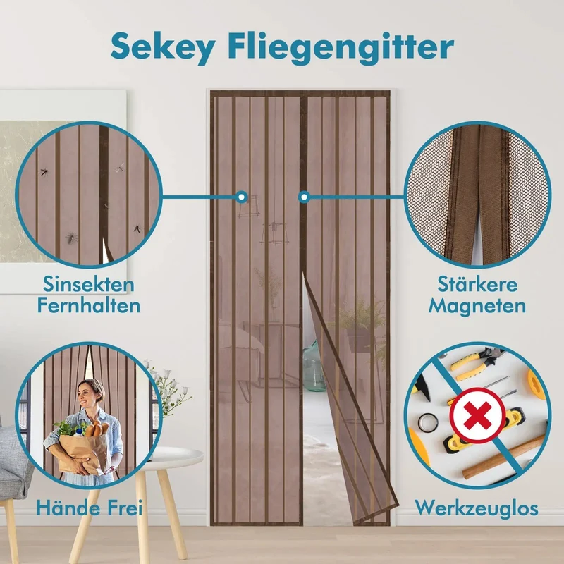 Sekey Magnet Fliegengitter Tür aus Polyester, mit Bändern, Braun