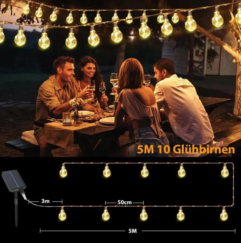 Salcar 5m/10m solar LED Hanfseil Lichterkette mit 10/20 Glühbirnen ,149/299 LEDs