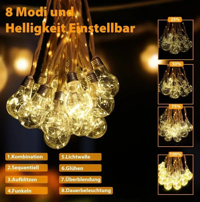 Salcar 5m/10m solar LED Hanfseil Lichterkette mit 10/20 Glühbirnen ,149/299 LEDs