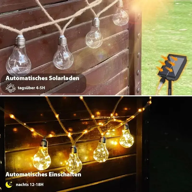 Salcar 5m/10m solar LED Hanfseil Lichterkette mit 10/20 Glühbirnen ,149/299 LEDs