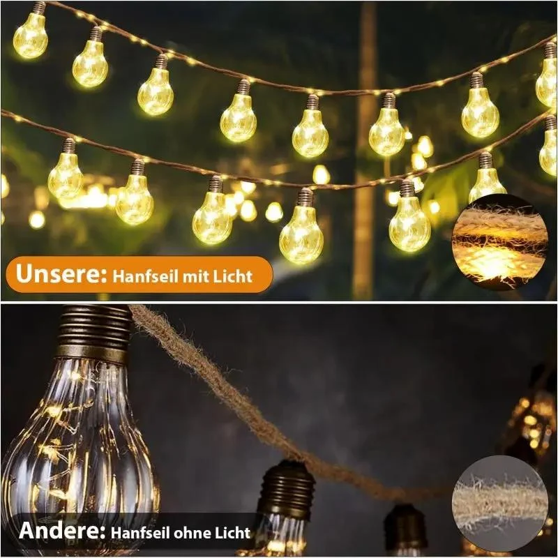 Salcar 5m/10m solar LED Hanfseil Lichterkette mit 10/20 Glühbirnen ,149/299 LEDs